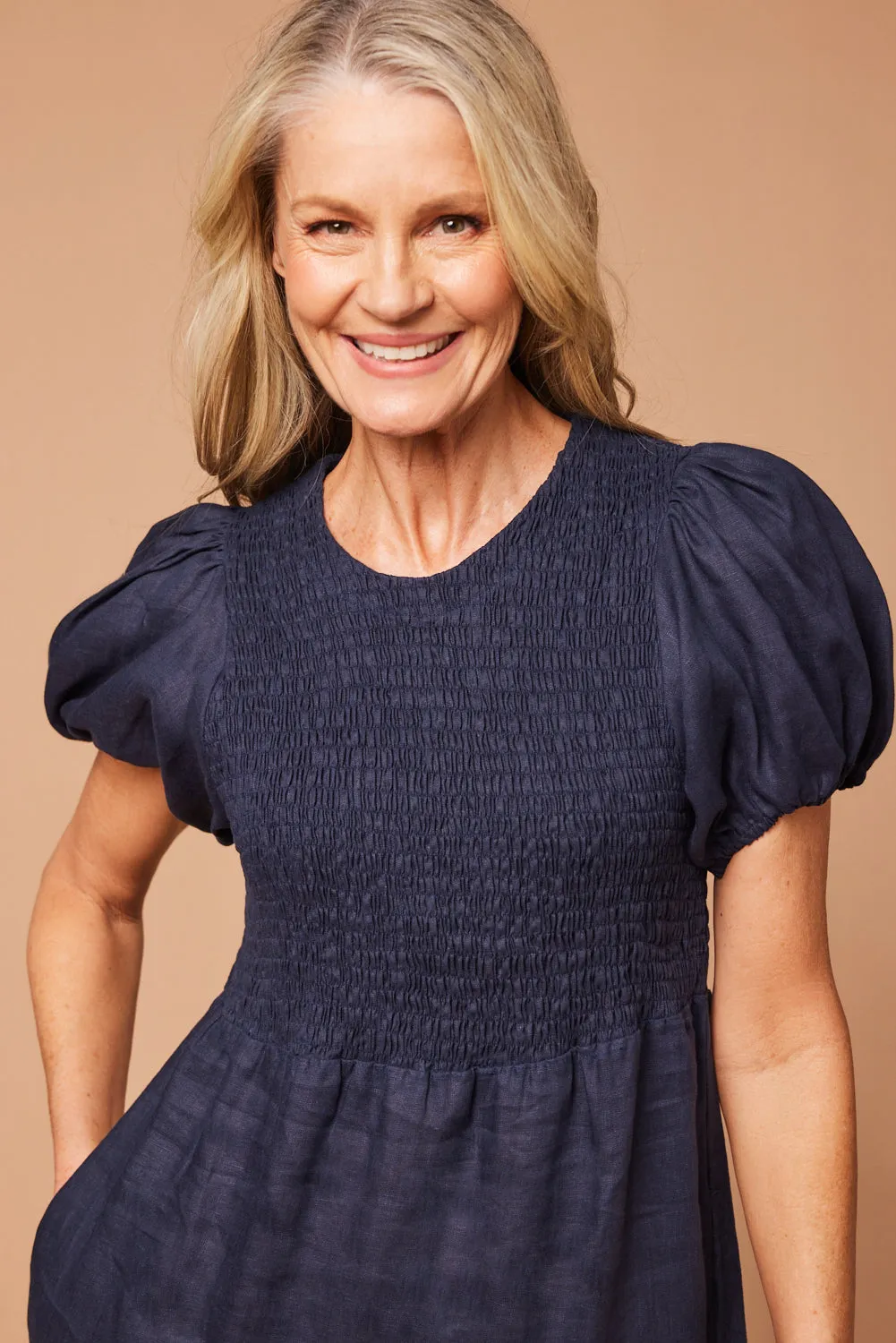 Minden Linen Shirred Short Sleeve Dress in Navy sold by Adrift product image thumbnail 3