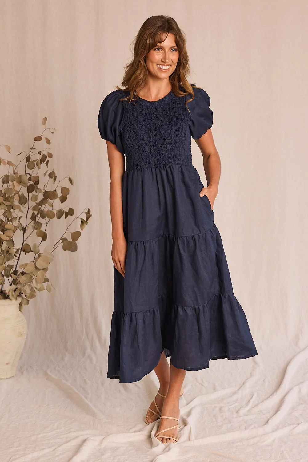 Minden Linen Shirred Short Sleeve Dress in Navy sold by Adrift product image thumbnail 5