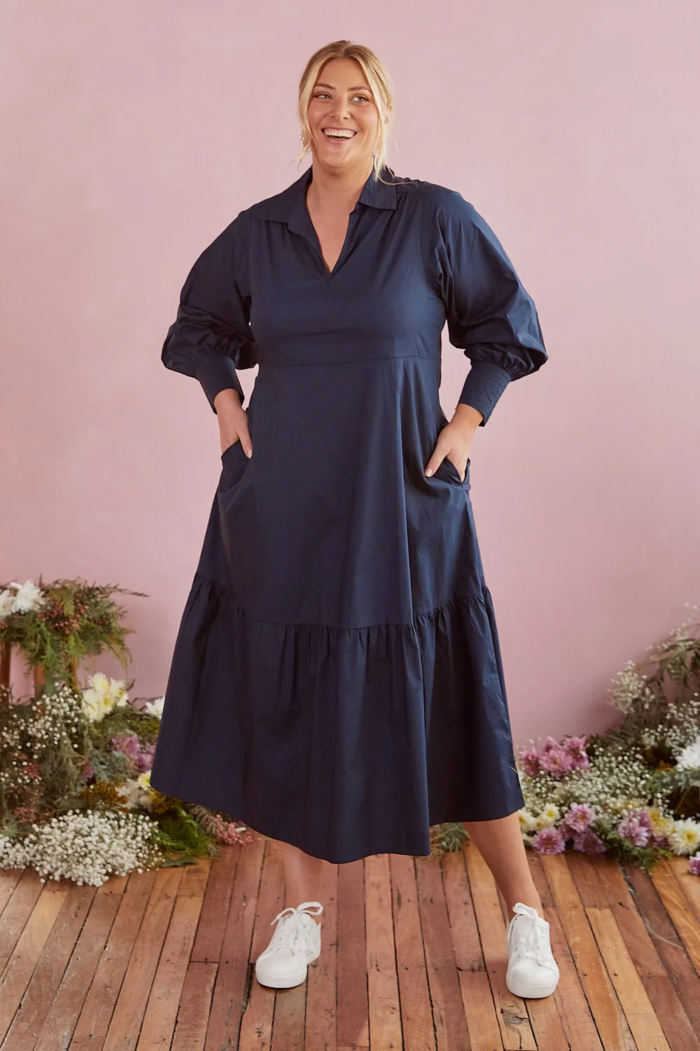Sabre V-Neck Poplin Dress in Navy sold by Adrift