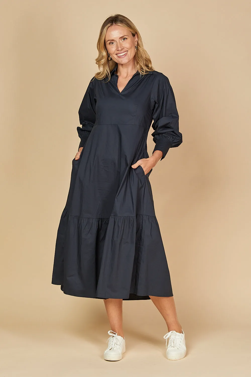 Sabre V-Neck Poplin Dress in Navy sold by Adrift product image thumbnail 2