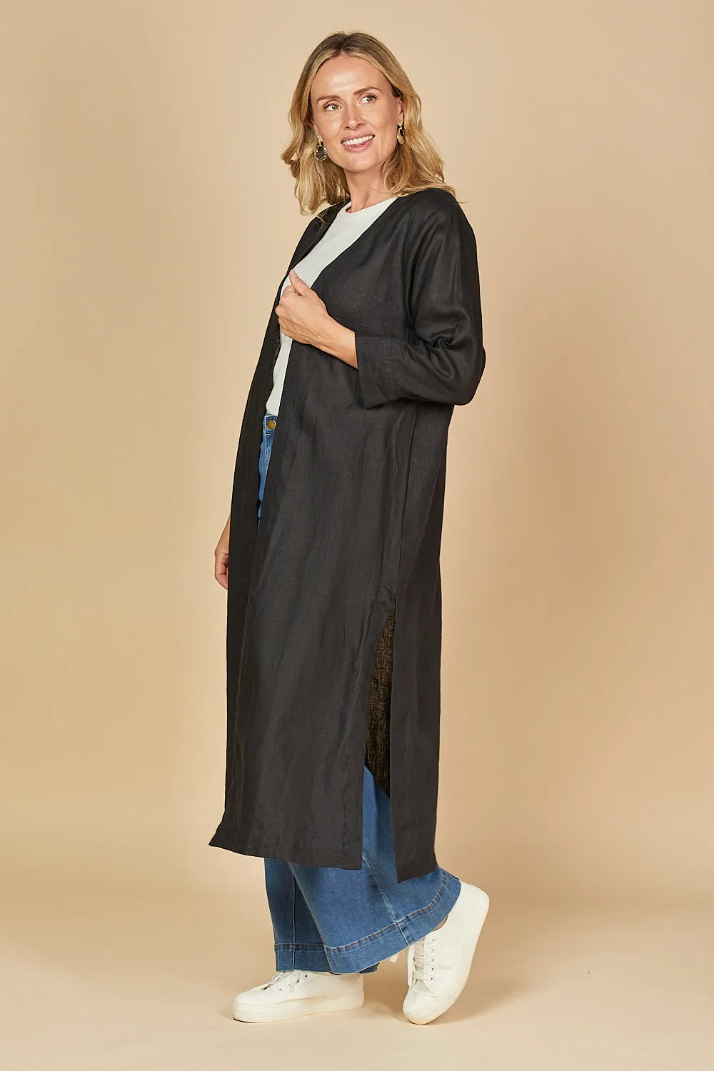 Long Line Linen Duster Jacket in Black sold by Adrift product image thumbnail 4