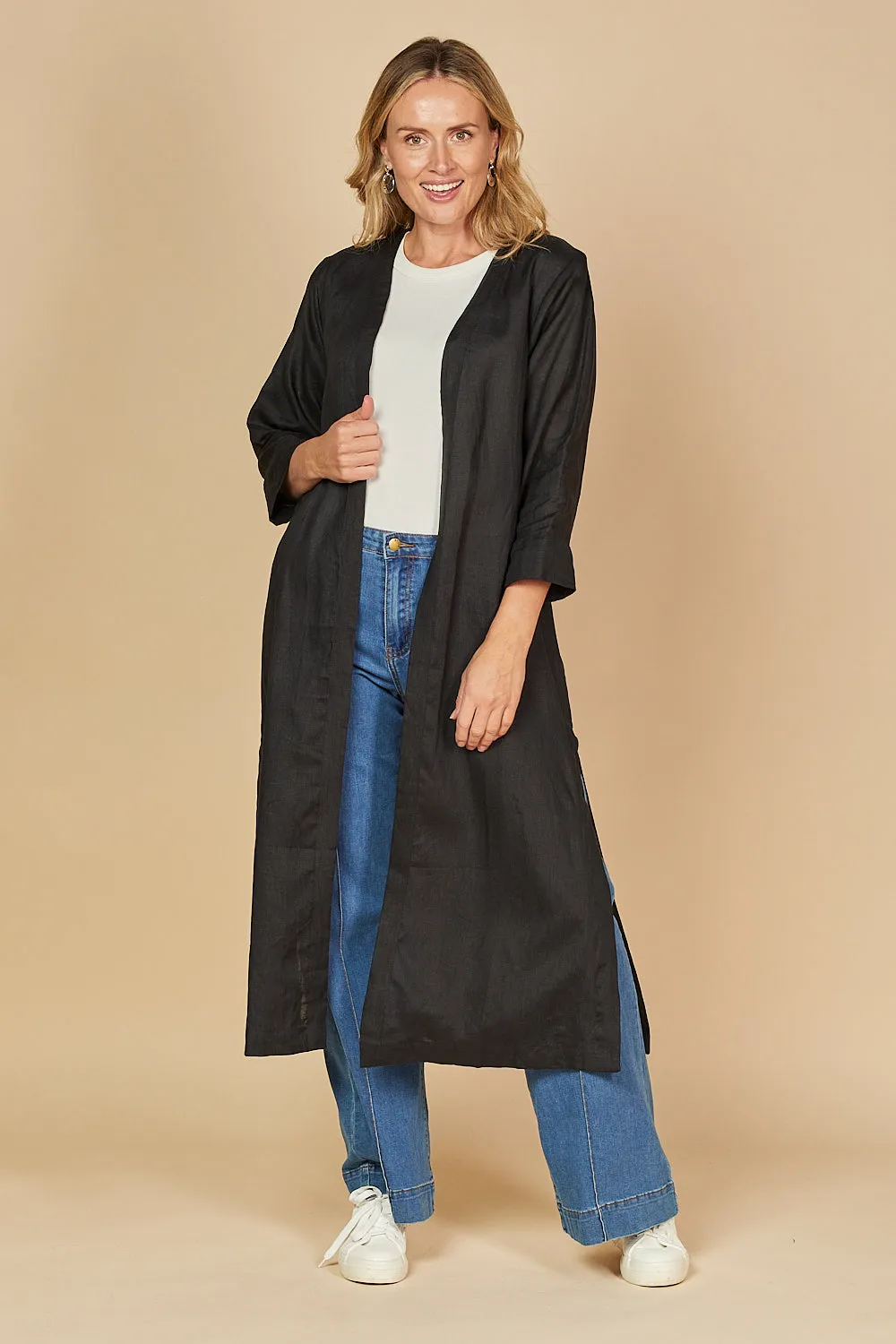 Long Line Linen Duster Jacket in Black sold by Adrift product image thumbnail 5