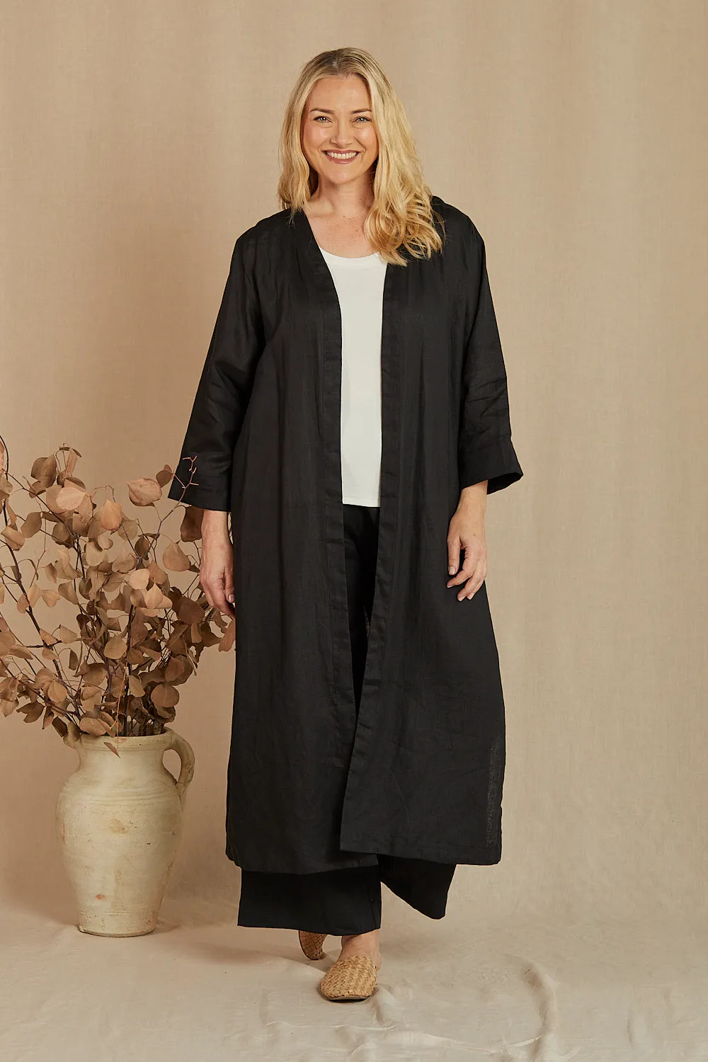 Long Line Linen Duster Jacket in Black sold by Adrift