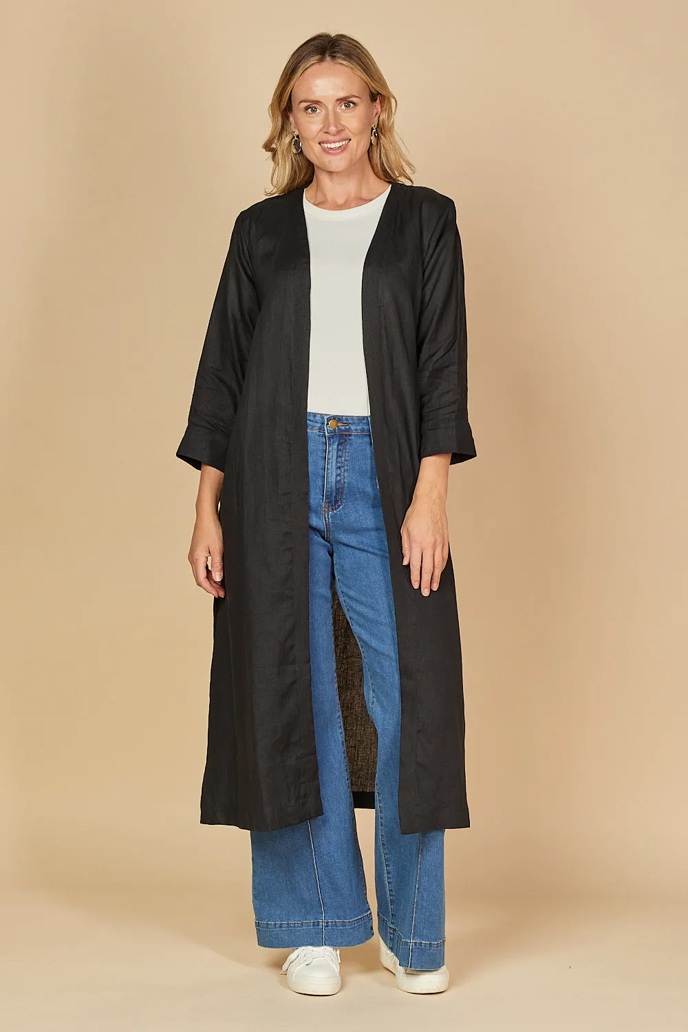 Long Line Linen Duster Jacket in Black sold by Adrift product image thumbnail 2