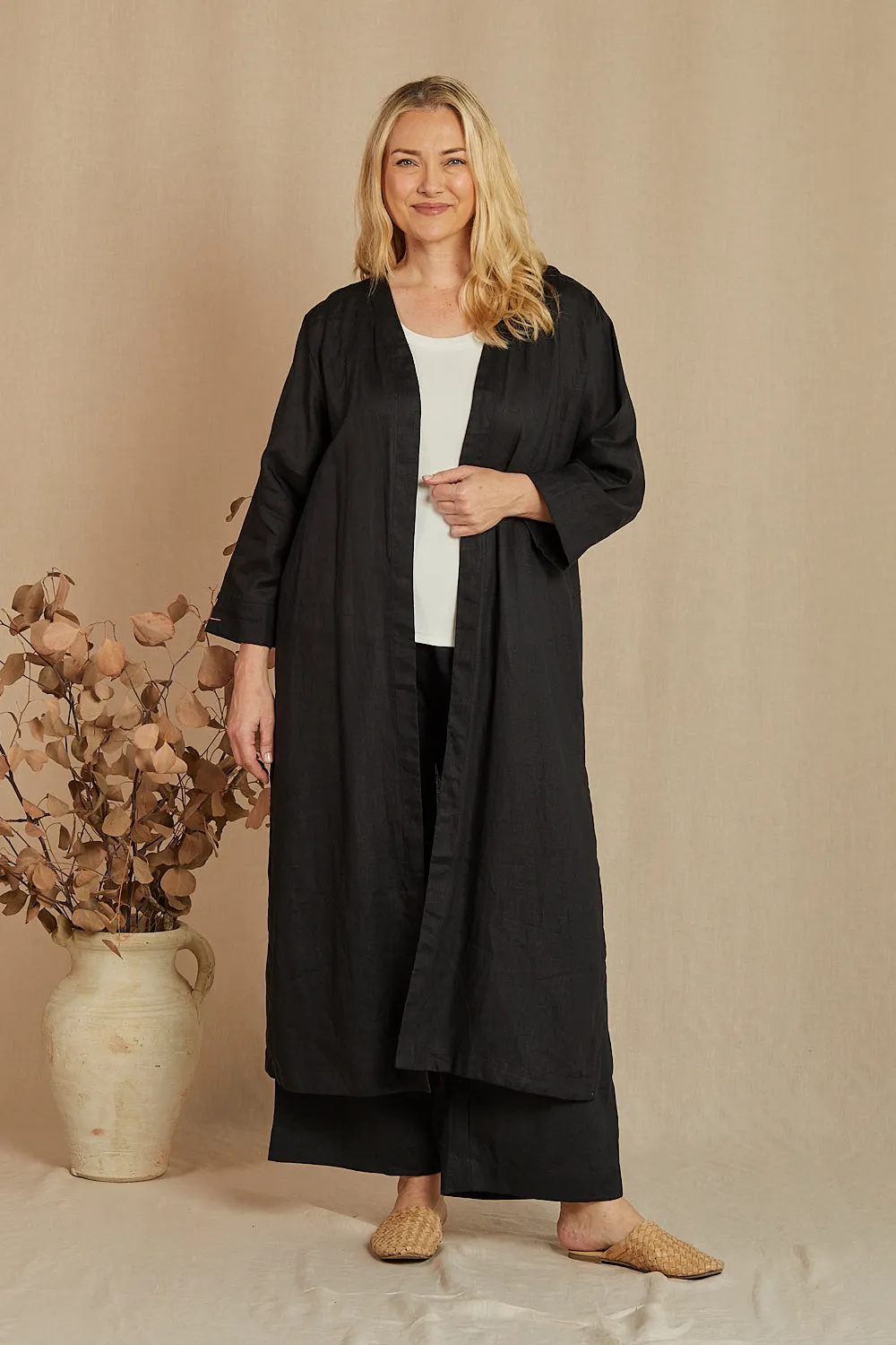 Long Line Linen Duster Jacket in Black sold by Adrift product image thumbnail 3