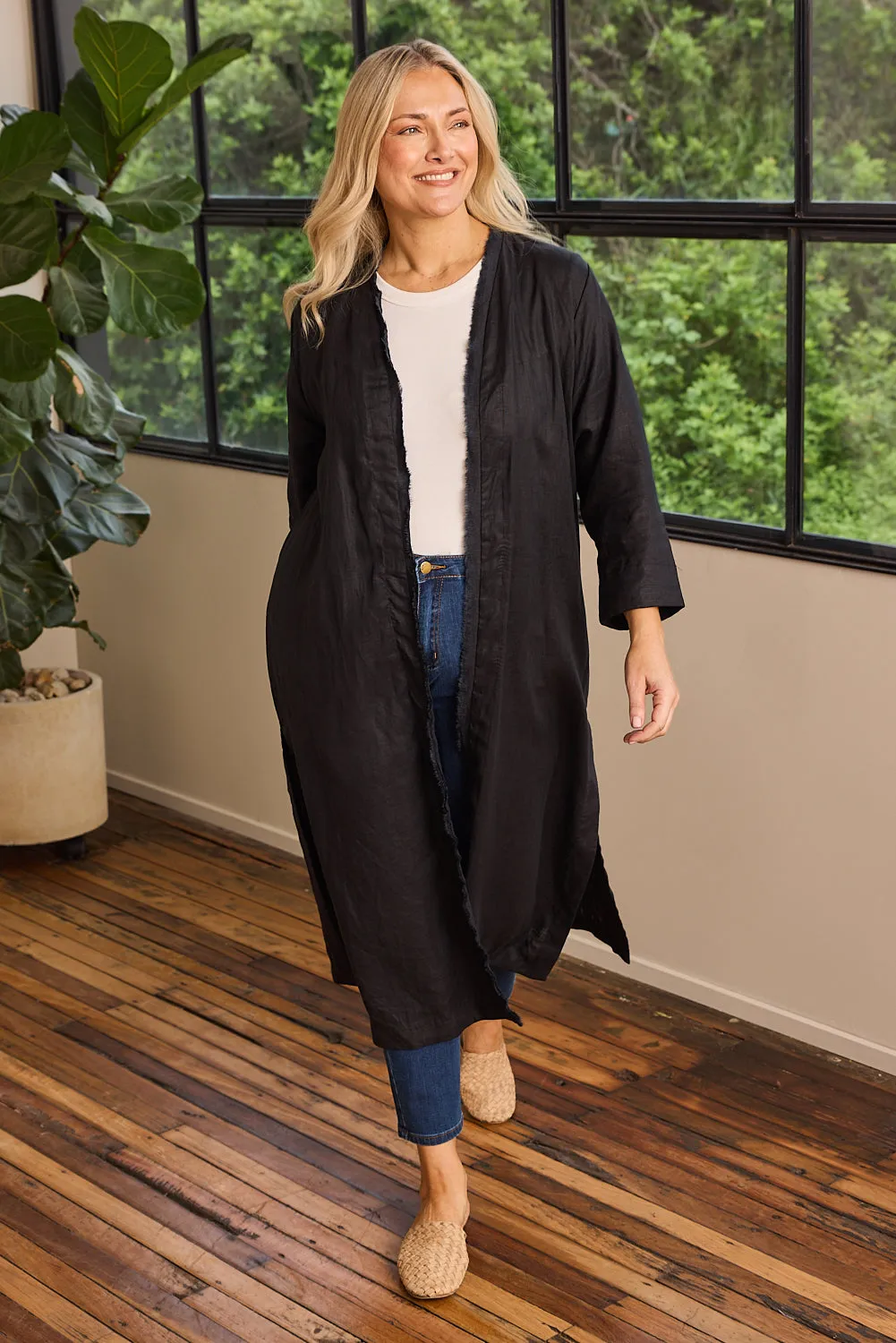 Long Line Fringed Linen Duster Jacket in Black sold by Adrift product image thumbnail 5