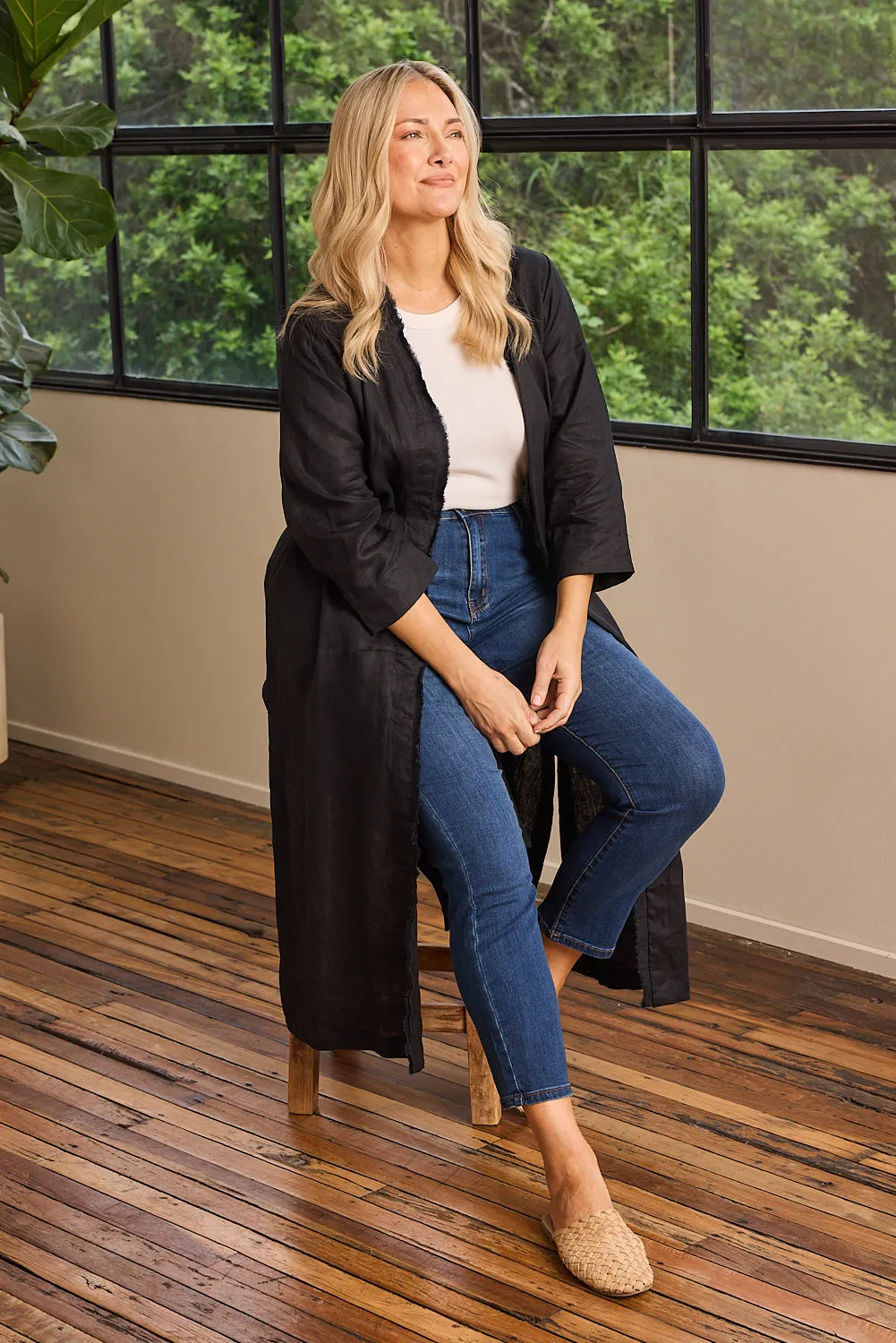 Long Line Fringed Linen Duster Jacket in Black sold by Adrift product image thumbnail 4