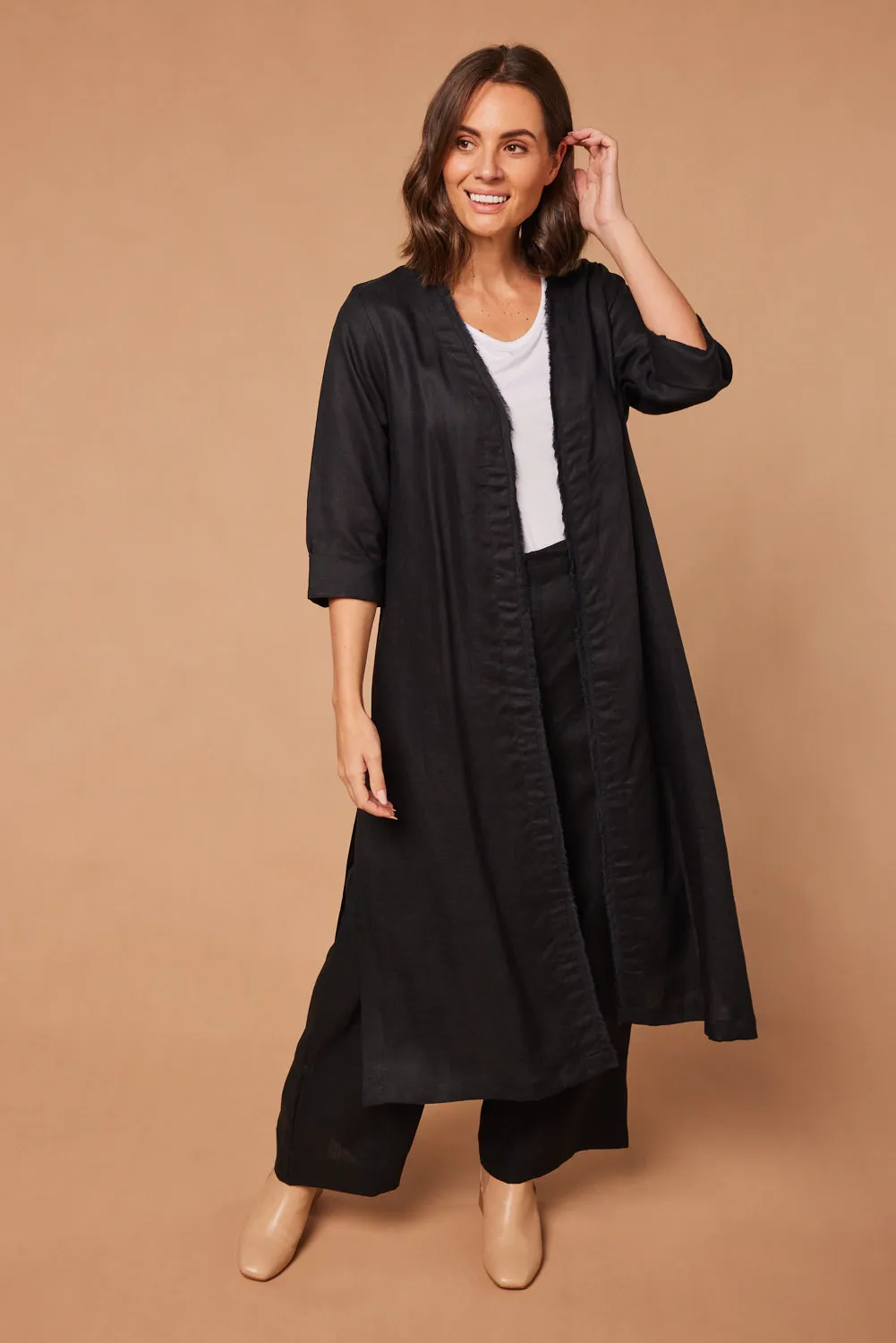 Long Line Fringed Linen Duster Jacket in Black sold by Adrift product image thumbnail 2