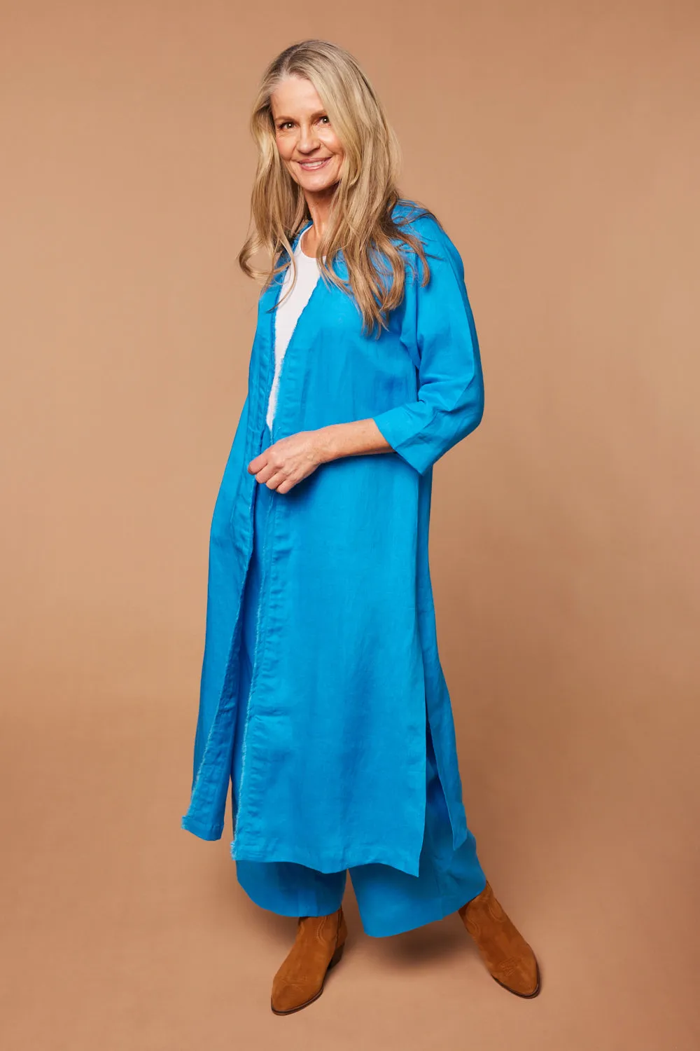 Long Line Linen Duster Jacket in Cobalt sold by Adrift product image thumbnail 4