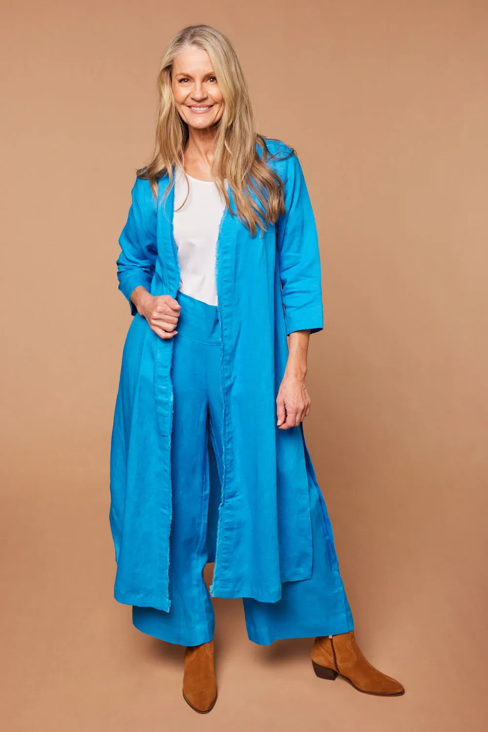 Long Line Linen Duster Jacket in Cobalt sold by Adrift product image thumbnail 5
