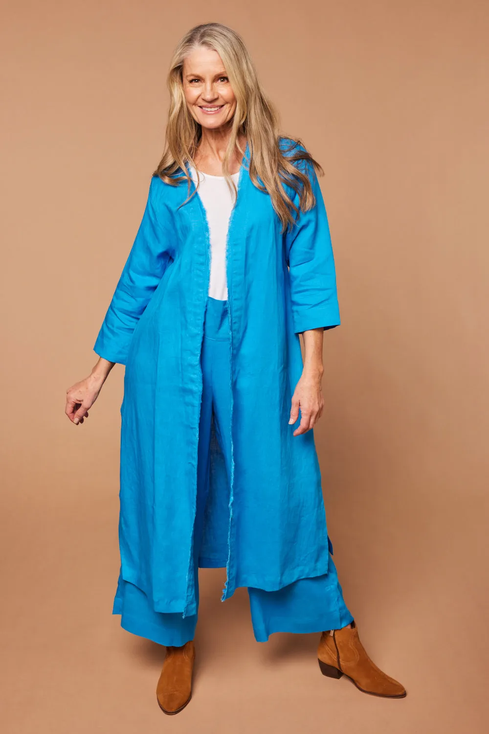 Long Line Linen Duster Jacket in Cobalt sold by Adrift