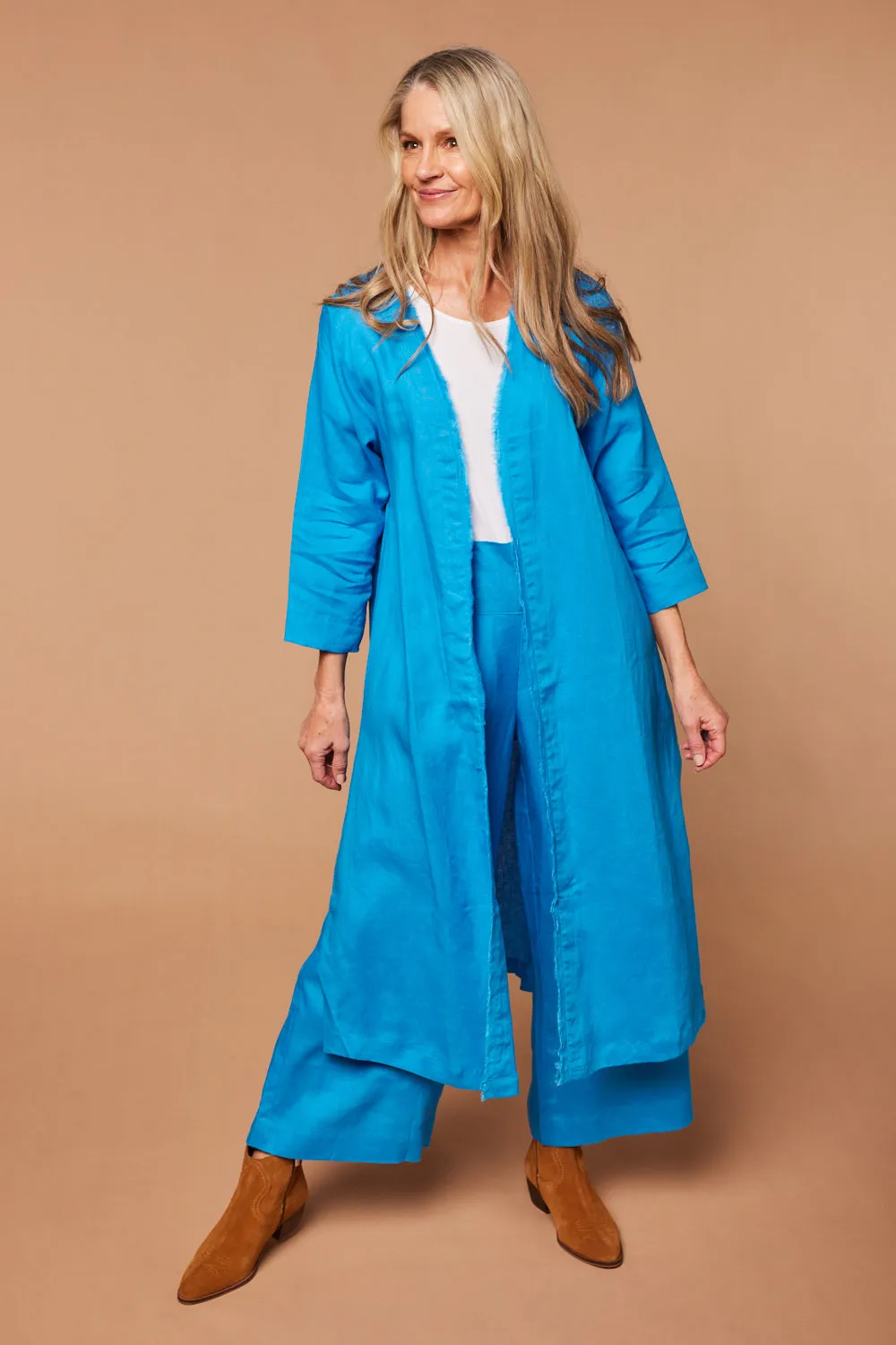 Long Line Linen Duster Jacket in Cobalt sold by Adrift product image thumbnail 3