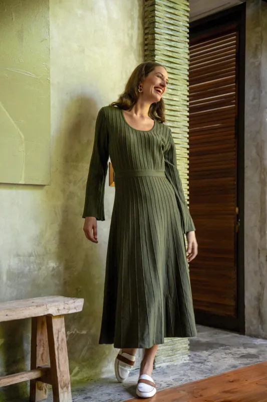 Waisted Knitted Dress in Khaki sold by Adrift
