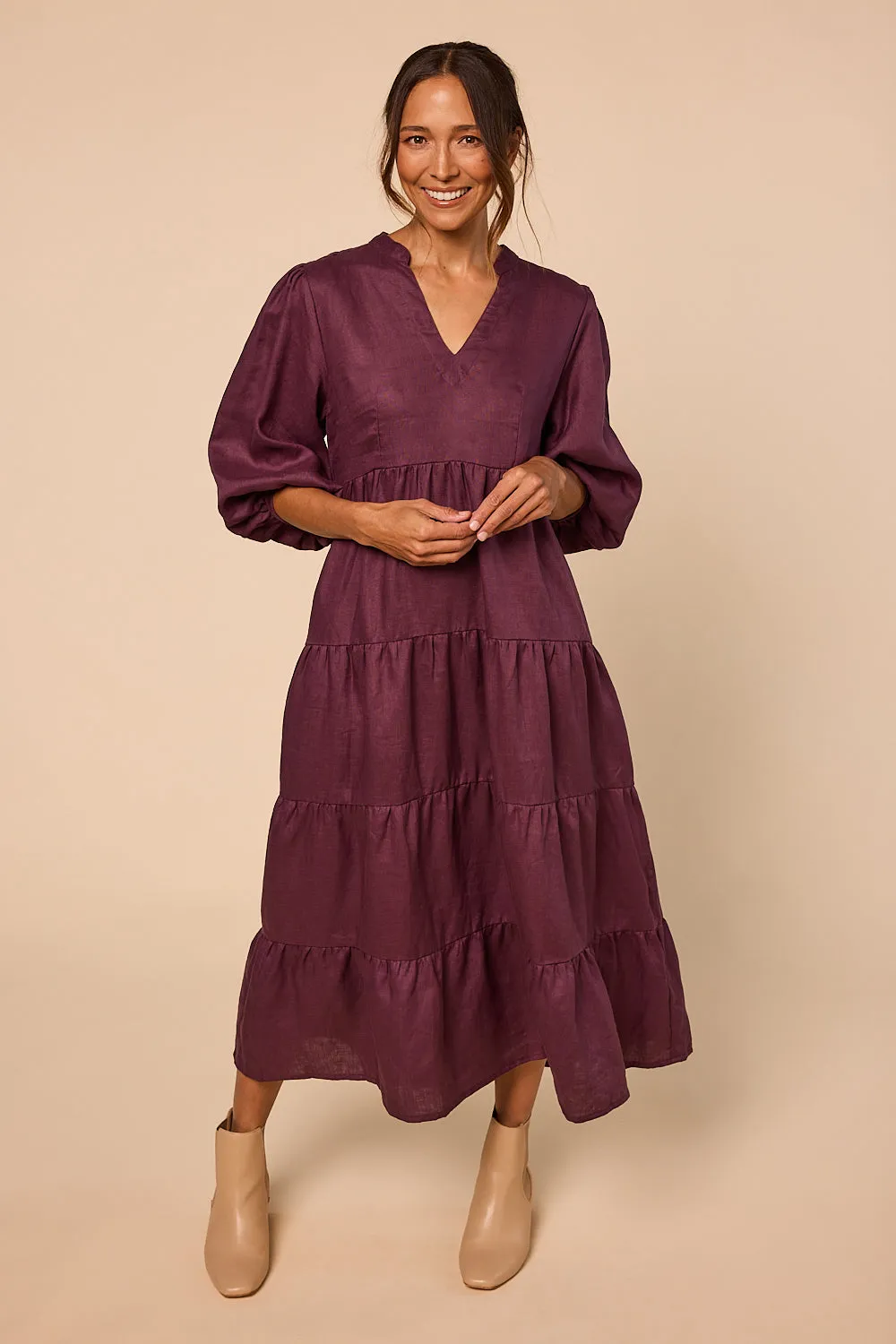 Sabre Linen V-Neck Dress in Plum sold by Adrift product image thumbnail 3