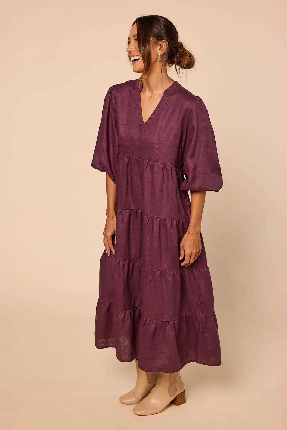 Sabre Linen V-Neck Dress in Plum sold by Adrift product image thumbnail 5