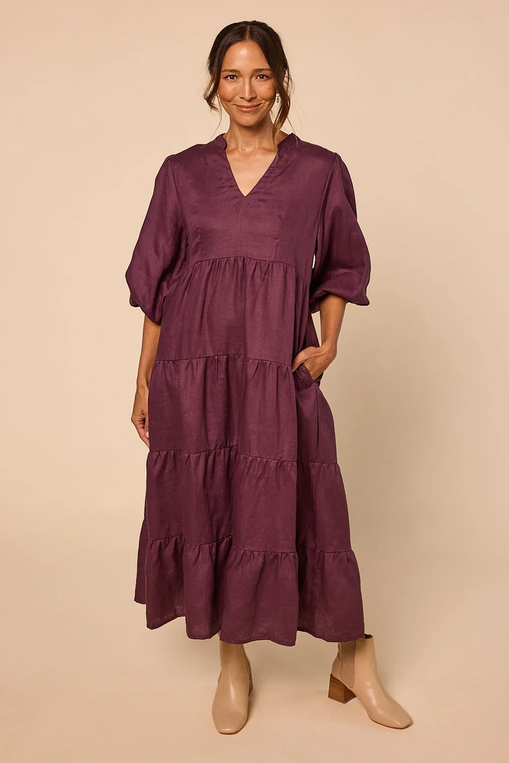 Sabre Linen V-Neck Dress in Plum sold by Adrift product image thumbnail 2