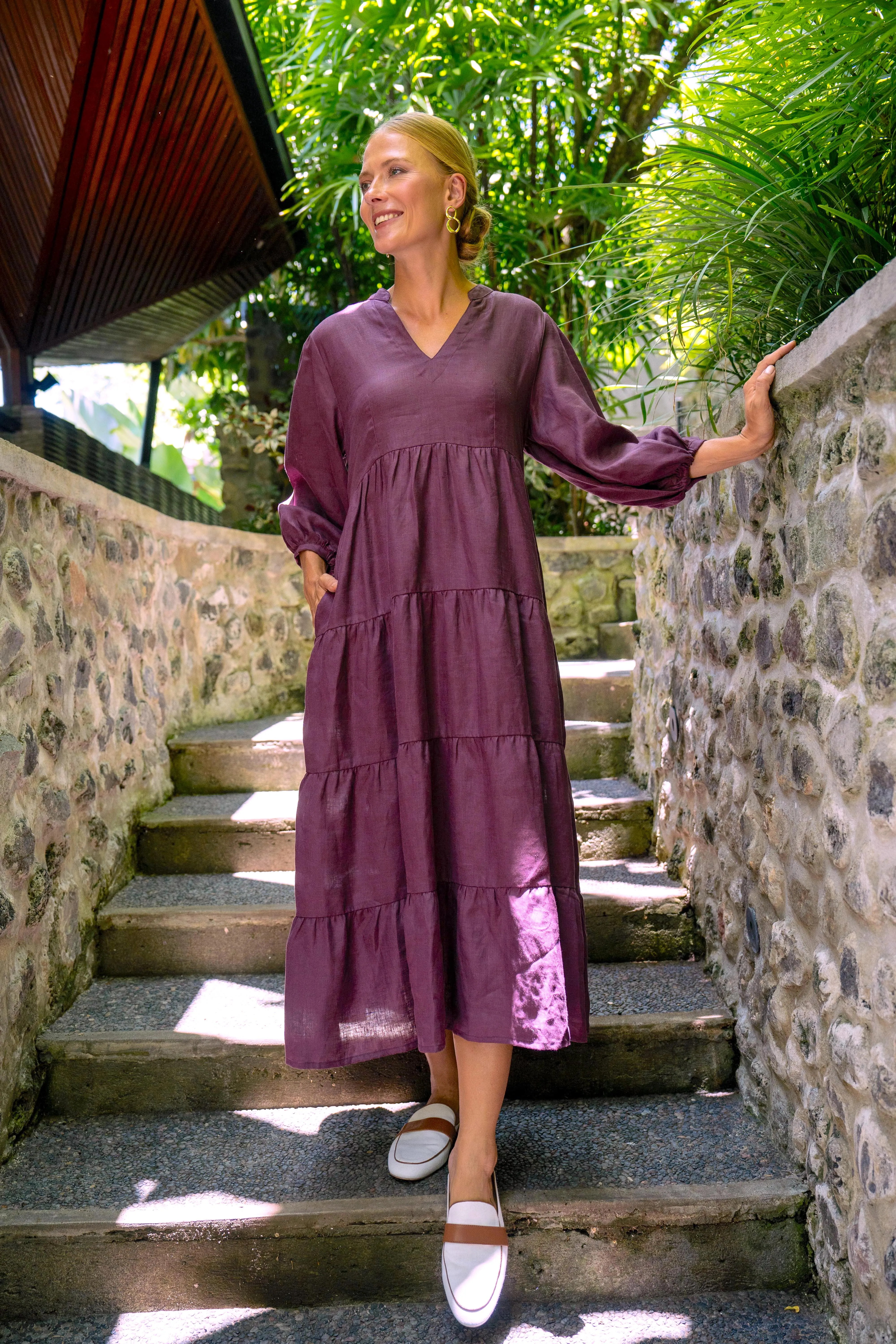 Sabre Linen V-Neck Dress in Plum sold by Adrift product image thumbnail 4
