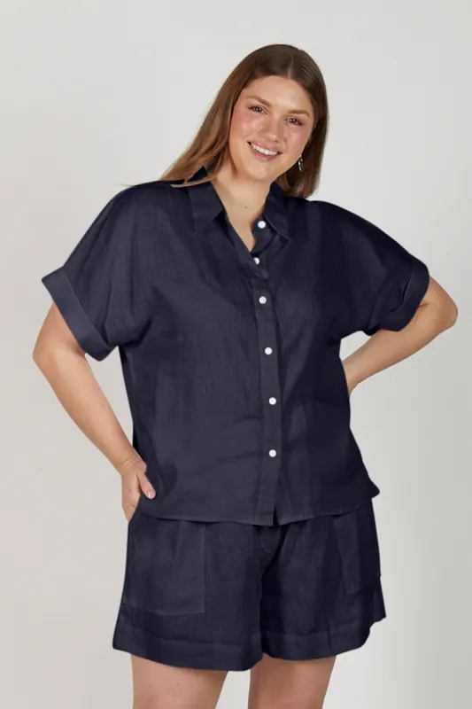 Carmen Linen Shirt in Navy sold by Adrift