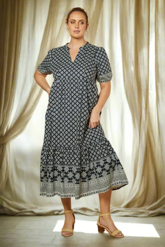 Sabre V-Neck Dress in Navy Iris sold by Adrift