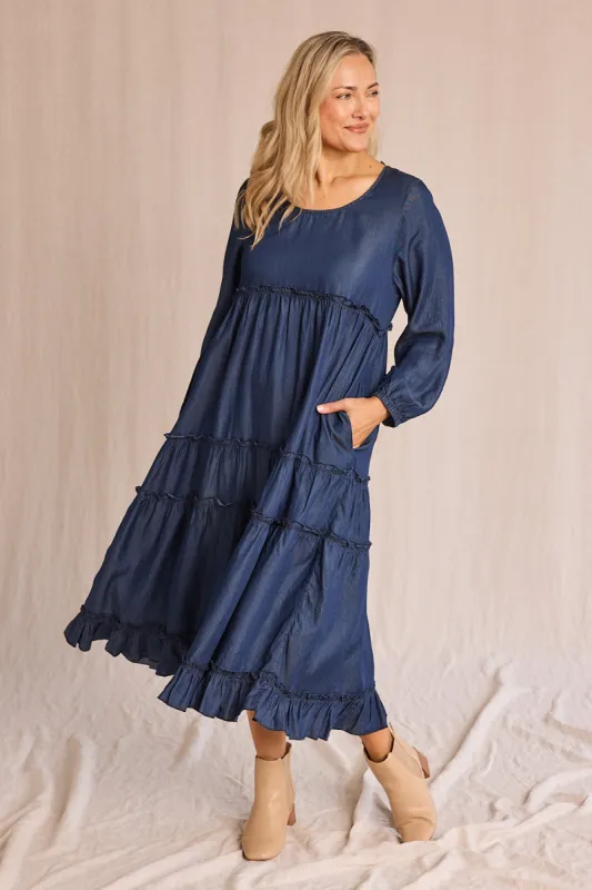 Sabre Frill Maxi Tencel Dress in Mid Wash sold by Adrift