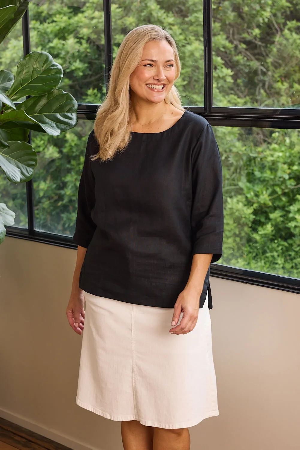 Boatneck Linen Top in Black sold by Adrift