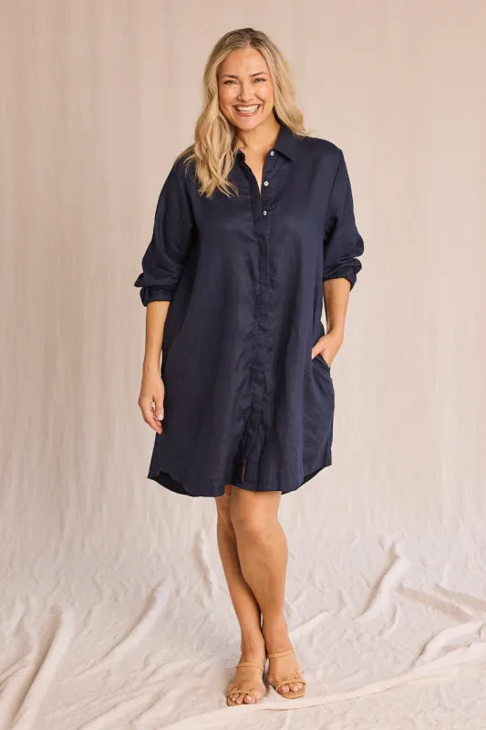 Anouk Linen Shirt Dress in Navy sold by Adrift