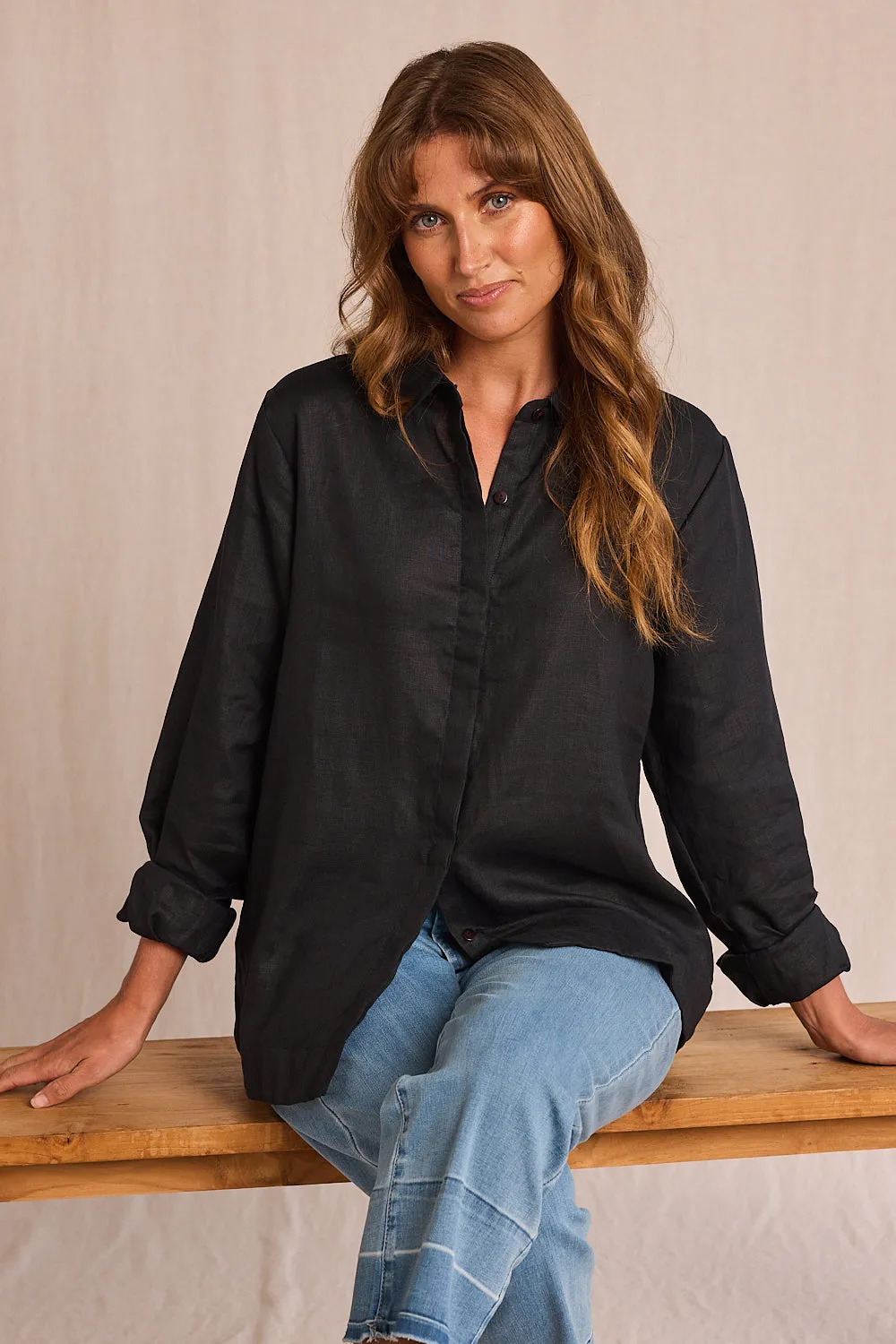 Oversized Linen Boyfriend Shirt in Black sold by Adrift