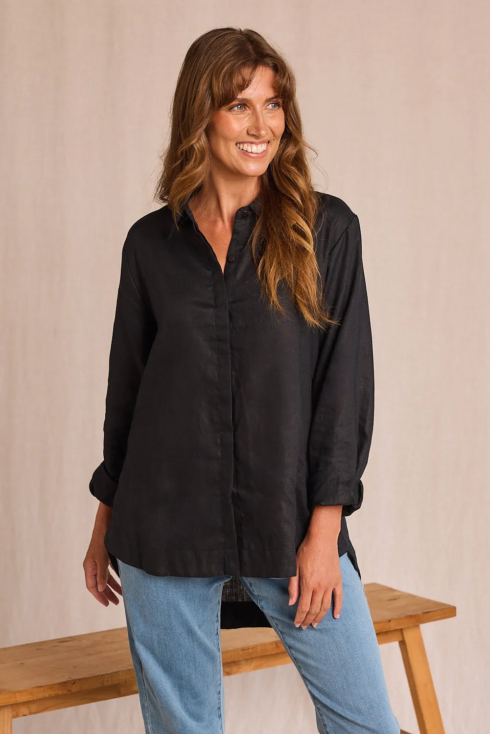 Oversized Linen Boyfriend Shirt in Black sold by Adrift product image thumbnail 3