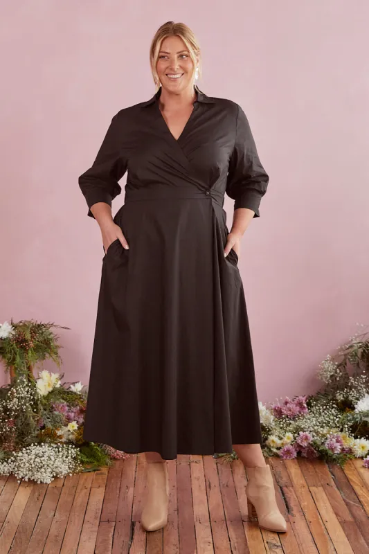 Wendy Poplin Wrap Dress in Black sold by Adrift