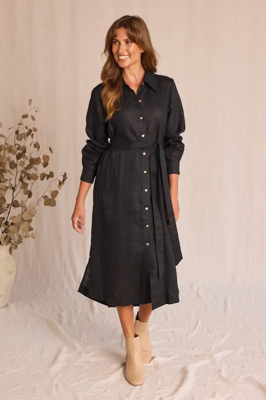 Abbey Linen Shirt Dress in Black sold by Adrift