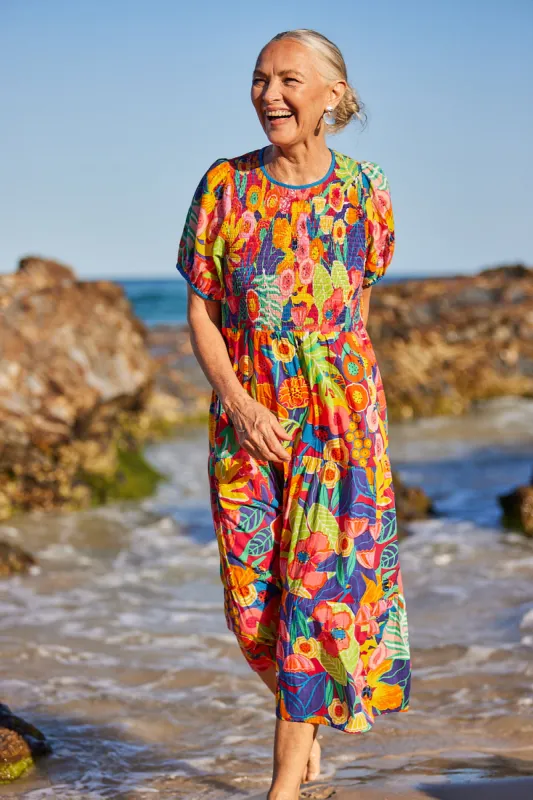 Minden Shirred Dress in Amazonia sold by Adrift