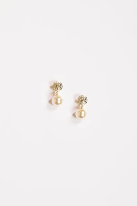 Crystal Topped Pearl Drop Earrings in Gold sold by Adrift