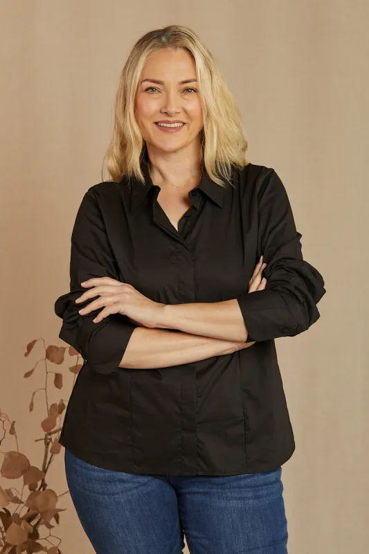 Brinley Poplin Stretch Shirt in Black sold by Adrift