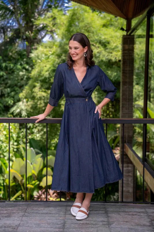 Wendy Chambray Wrap Dress in Dark Wash sold by Adrift