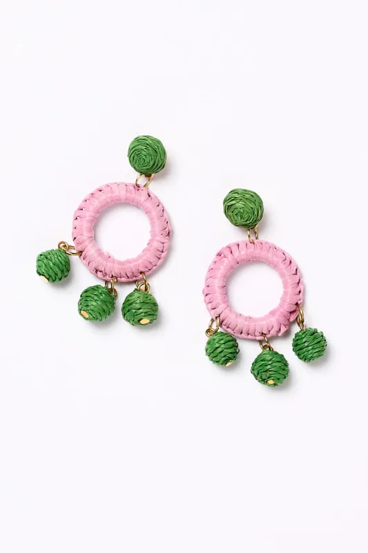 Woven Circle Ball Drop Earrings in Pink and Green sold by Adrift