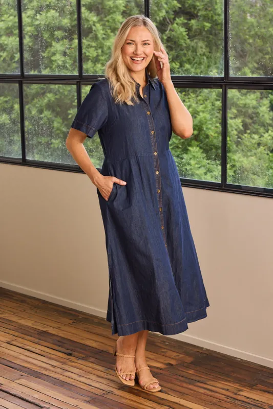 Gracie Chambray Dress in Dark Wash sold by Adrift