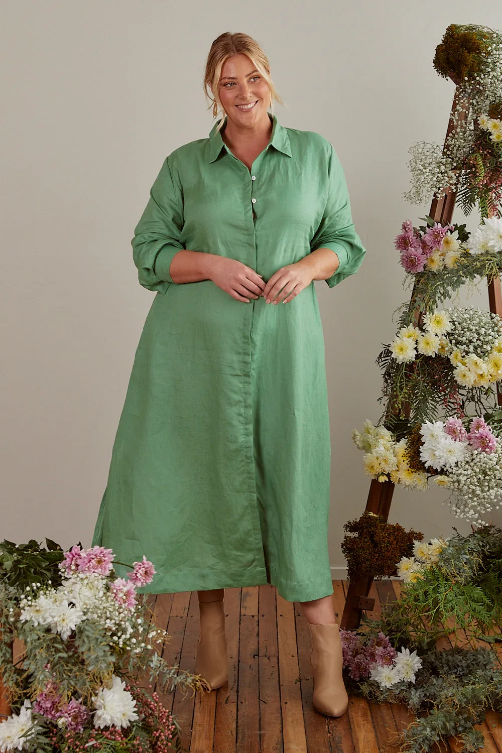 Gracie Long Sleeve Linen Dress in Jadesheen sold by Adrift