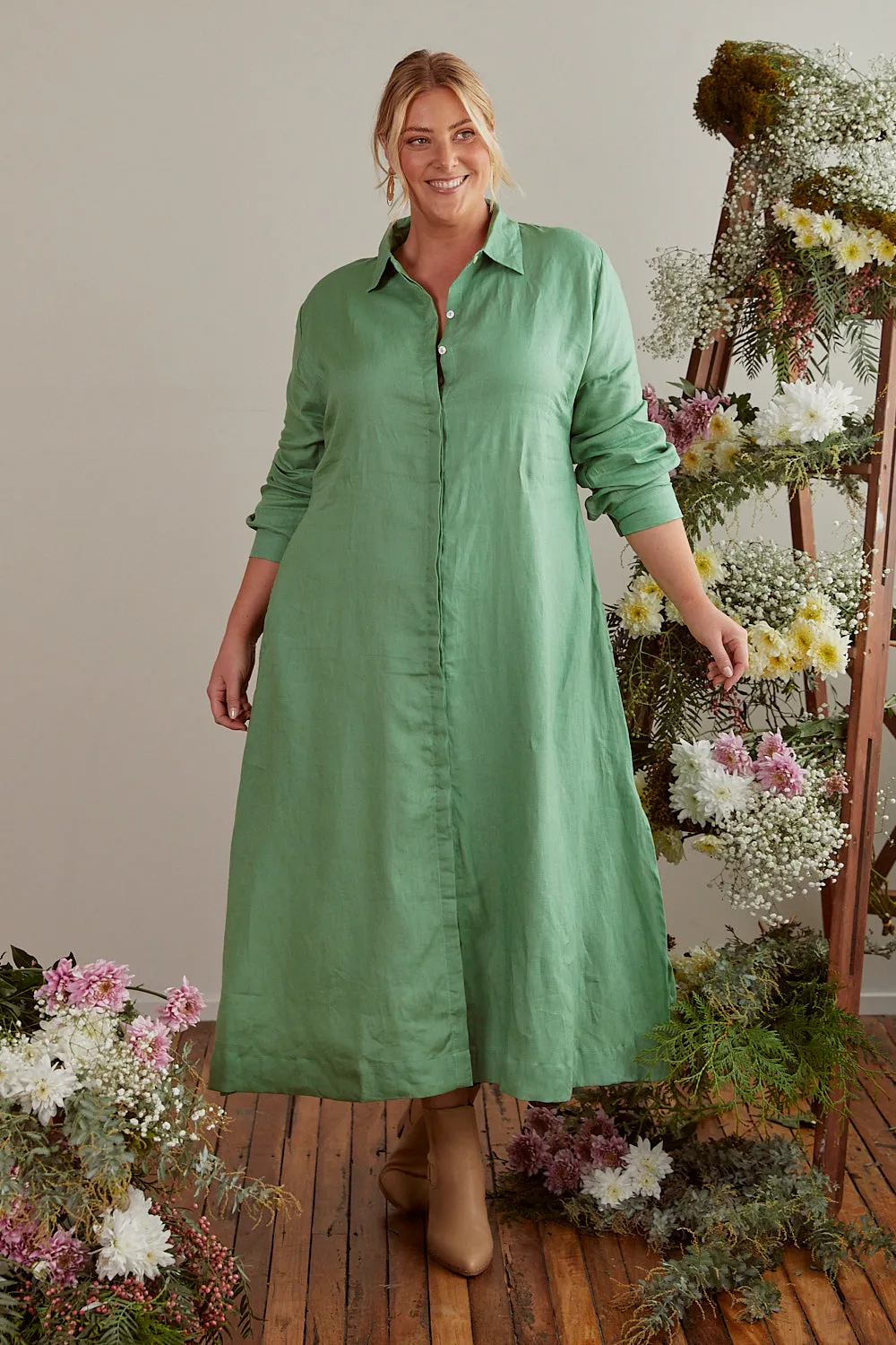 Gracie Long Sleeve Linen Dress in Jadesheen sold by Adrift product image thumbnail 4