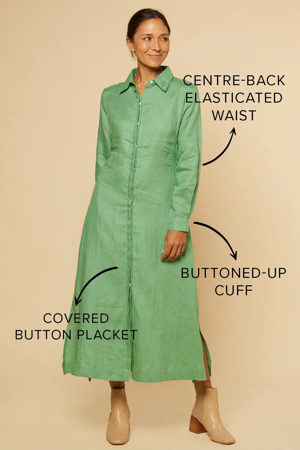 Gracie Long Sleeve Linen Dress in Jadesheen sold by Adrift product image thumbnail 2