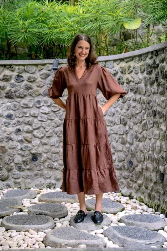 Sabre Linen V-Neck Dress in Raisin sold by Adrift
