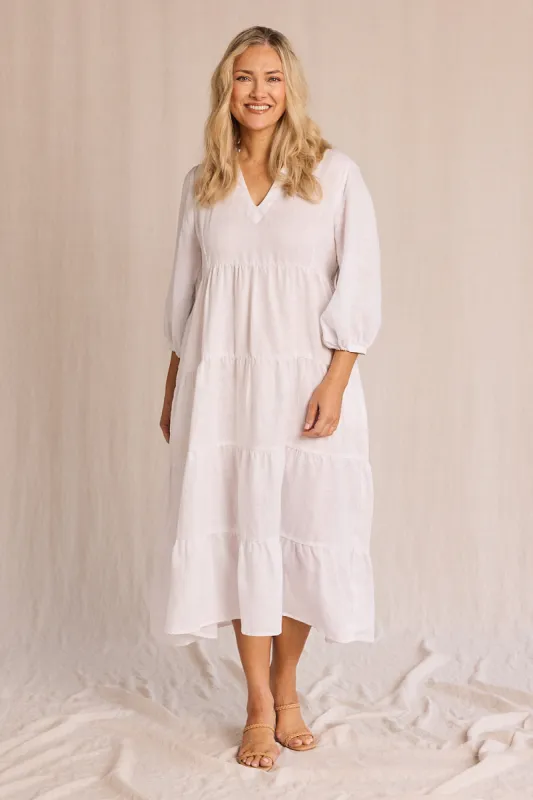 Sabre Linen V-Neck Dress in White sold by Adrift
