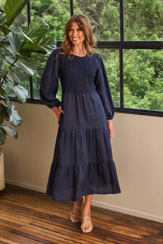 Minden Linen Long Sleeve Shirred Dress in Navy sold by Adrift