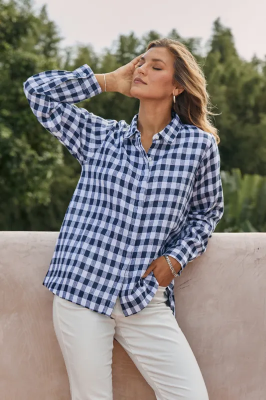 Oversized Linen Boyfriend Shirt in Treviso Navy sold by Adrift