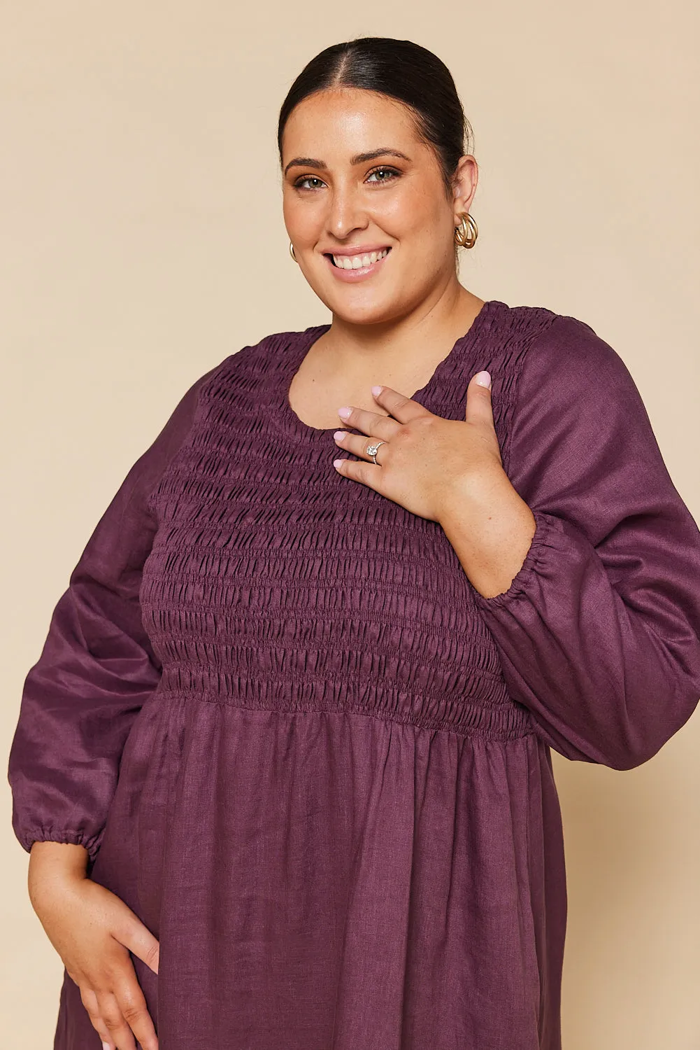 Minden Linen Long Sleeve Shirred Dress in Plum sold by Adrift product image thumbnail 4