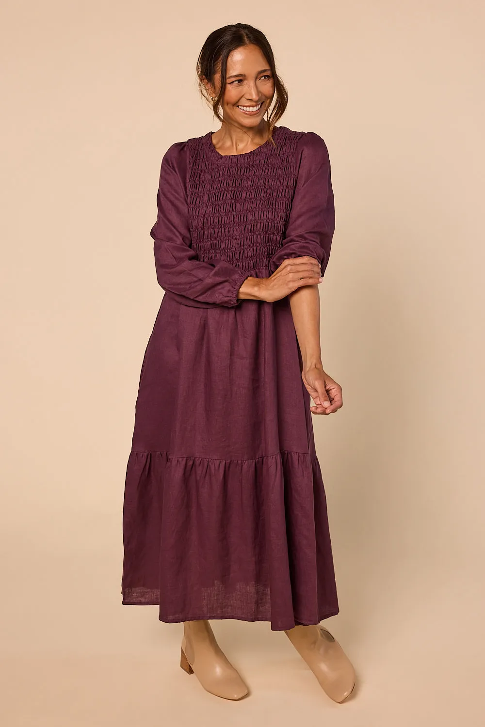 Minden Linen Long Sleeve Shirred Dress in Plum sold by Adrift product image thumbnail 5
