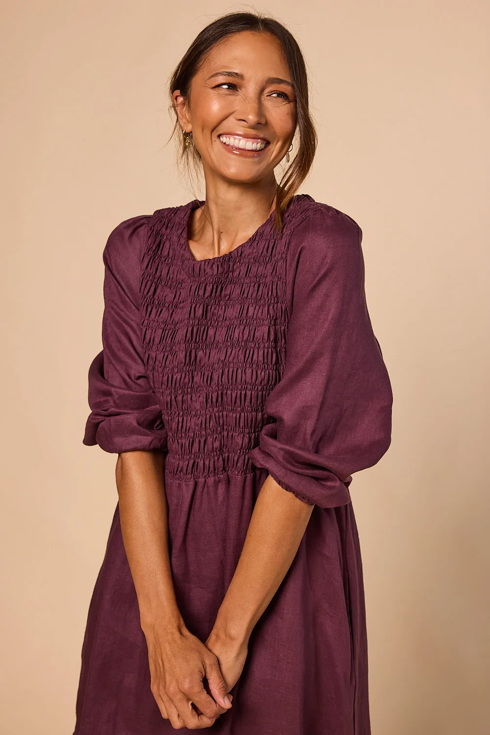 Minden Linen Long Sleeve Shirred Dress in Plum sold by Adrift product image thumbnail 3