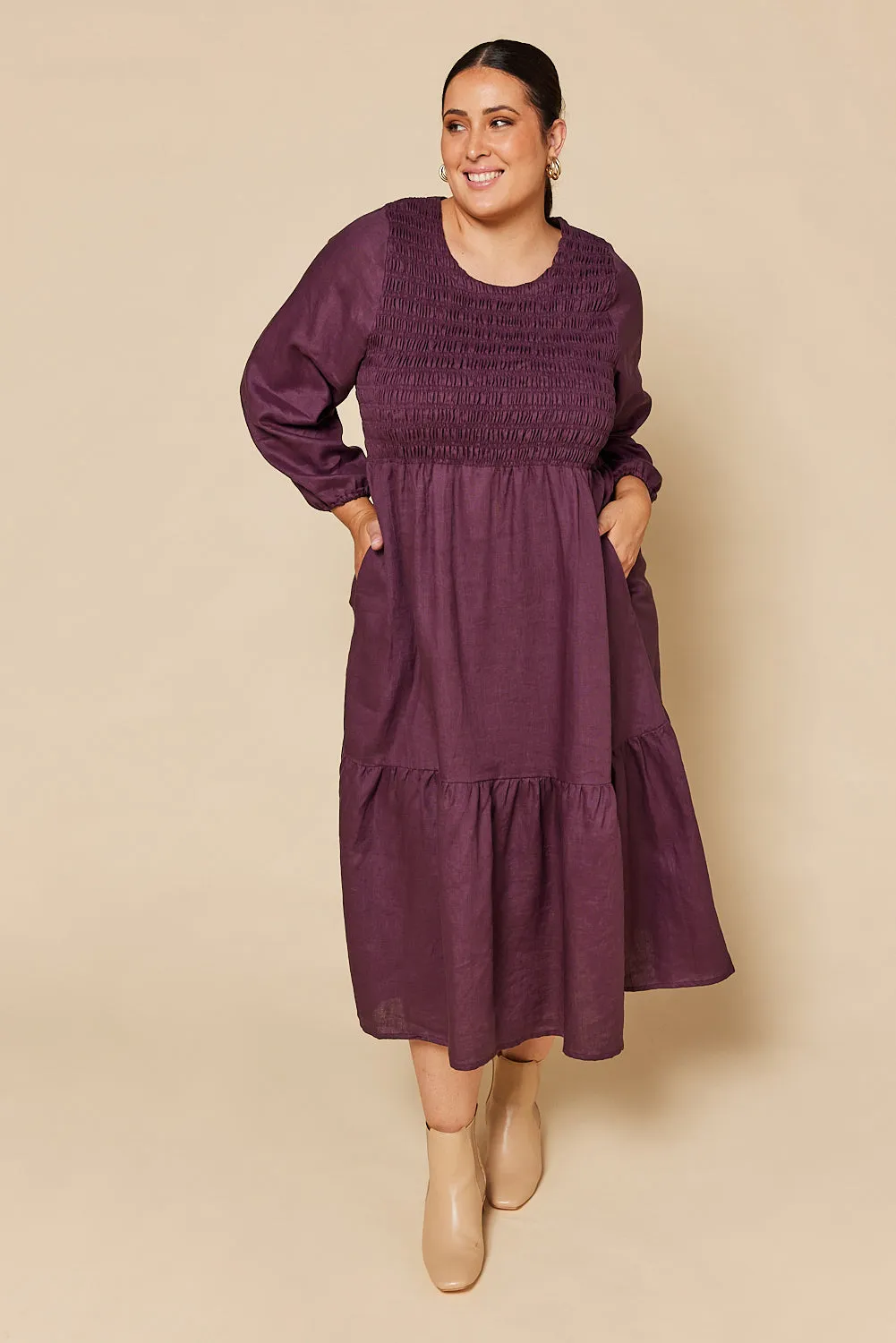 Minden Linen Long Sleeve Shirred Dress in Plum sold by Adrift product image thumbnail 2