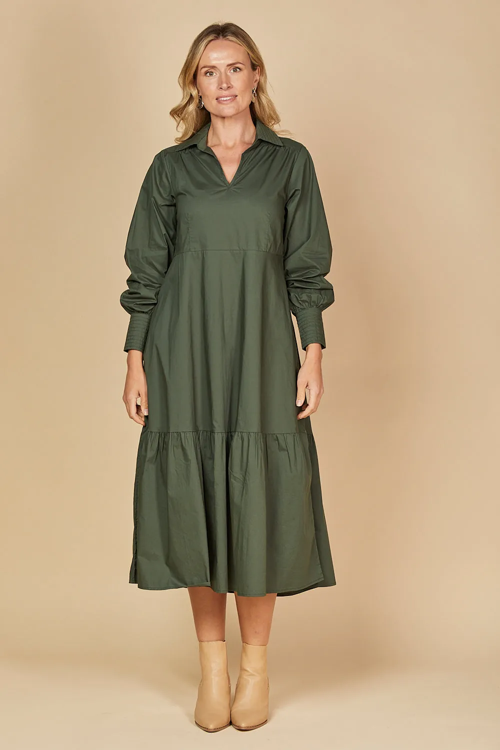Sabre V-Neck Poplin Dress in Bottle Green sold by Adrift product image thumbnail 2
