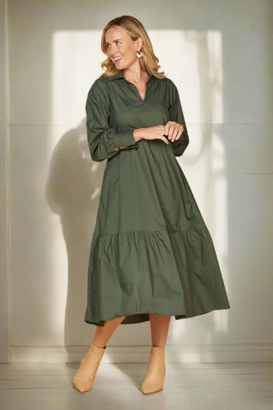 Sabre V-Neck Poplin Dress in Bottle Green sold by Adrift