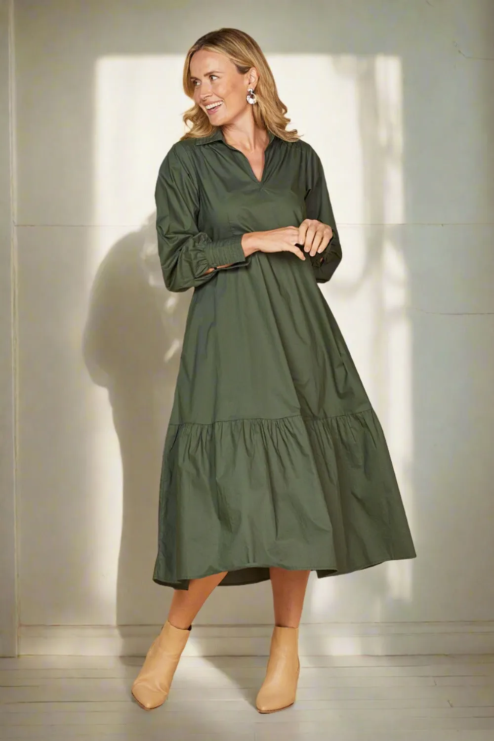 Sabre V-Neck Poplin Dress in Bottle Green sold by Adrift